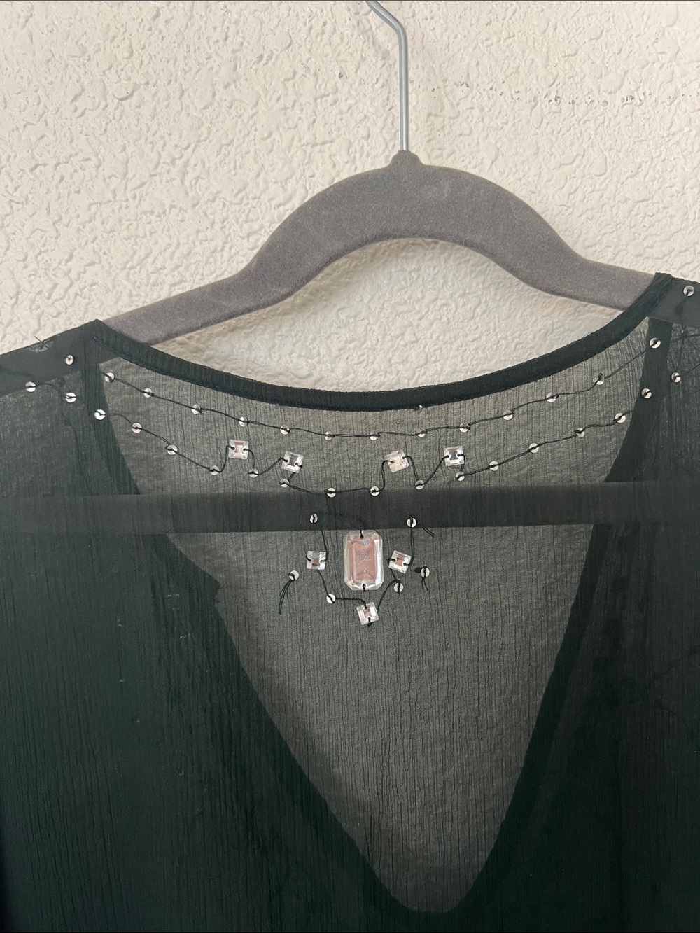 Sheer Dark Green Beaded V-Neck Caftan - Picture 4 of 5
